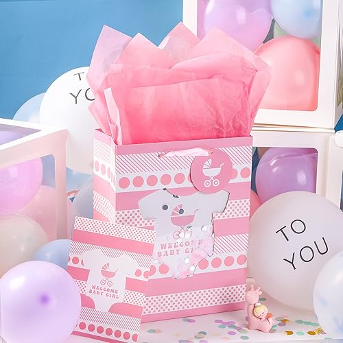 Miniatura 5 de MAYPLUSS Bolsa de regalo grande de 13 pulgadas con tarjeta de felicitación y papel de seda para baby shower (confeti colorido) - Bebé niña