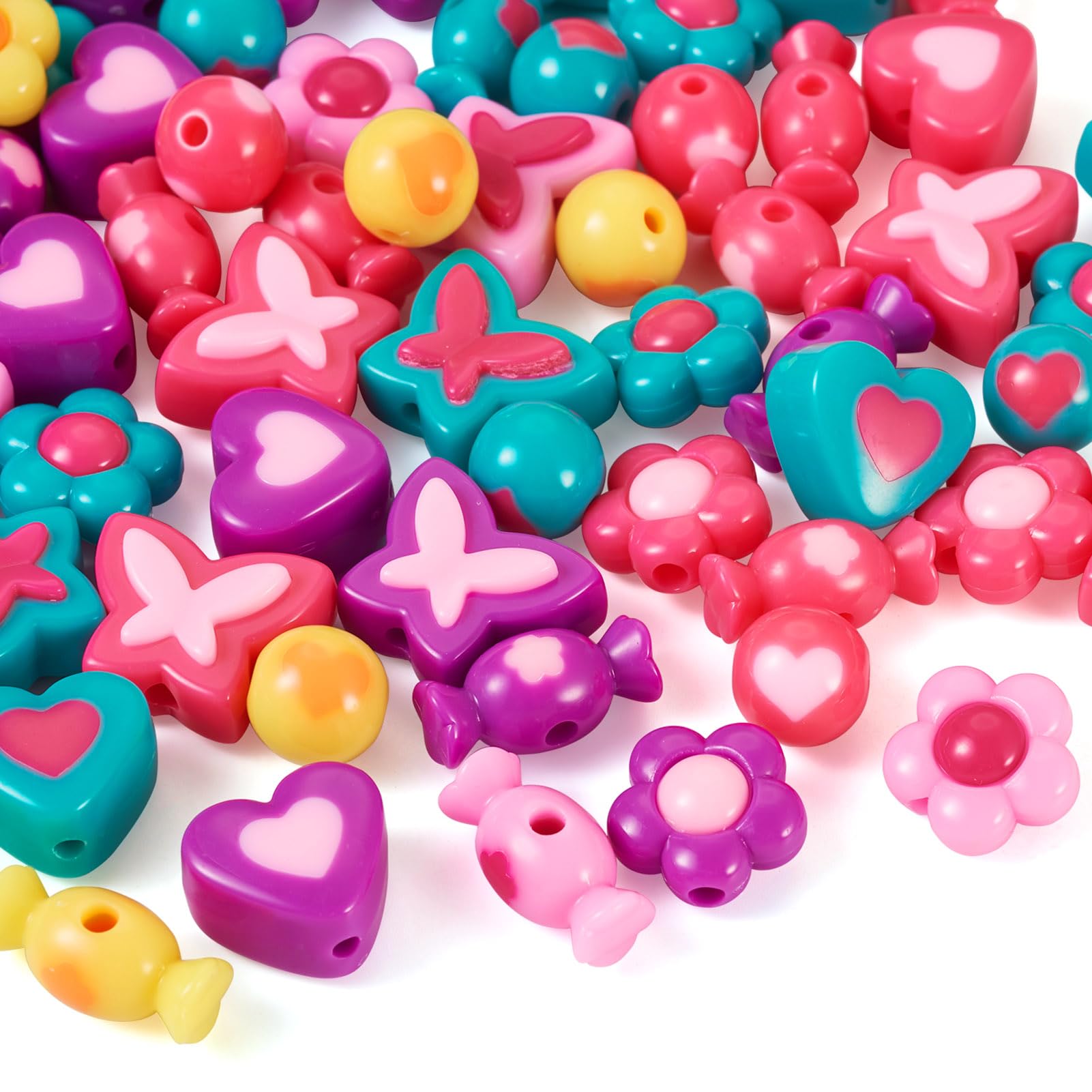 Magibeads 75 PCS Opaque Acrylic Resin Beads 5 Styles Cute Round Flower Butterfly Heart Candy Loose Spacer Beads Kawaii Fun Beads for Bracelets Necklace Jewelry DIY Craft Making Supplies - Image 2
