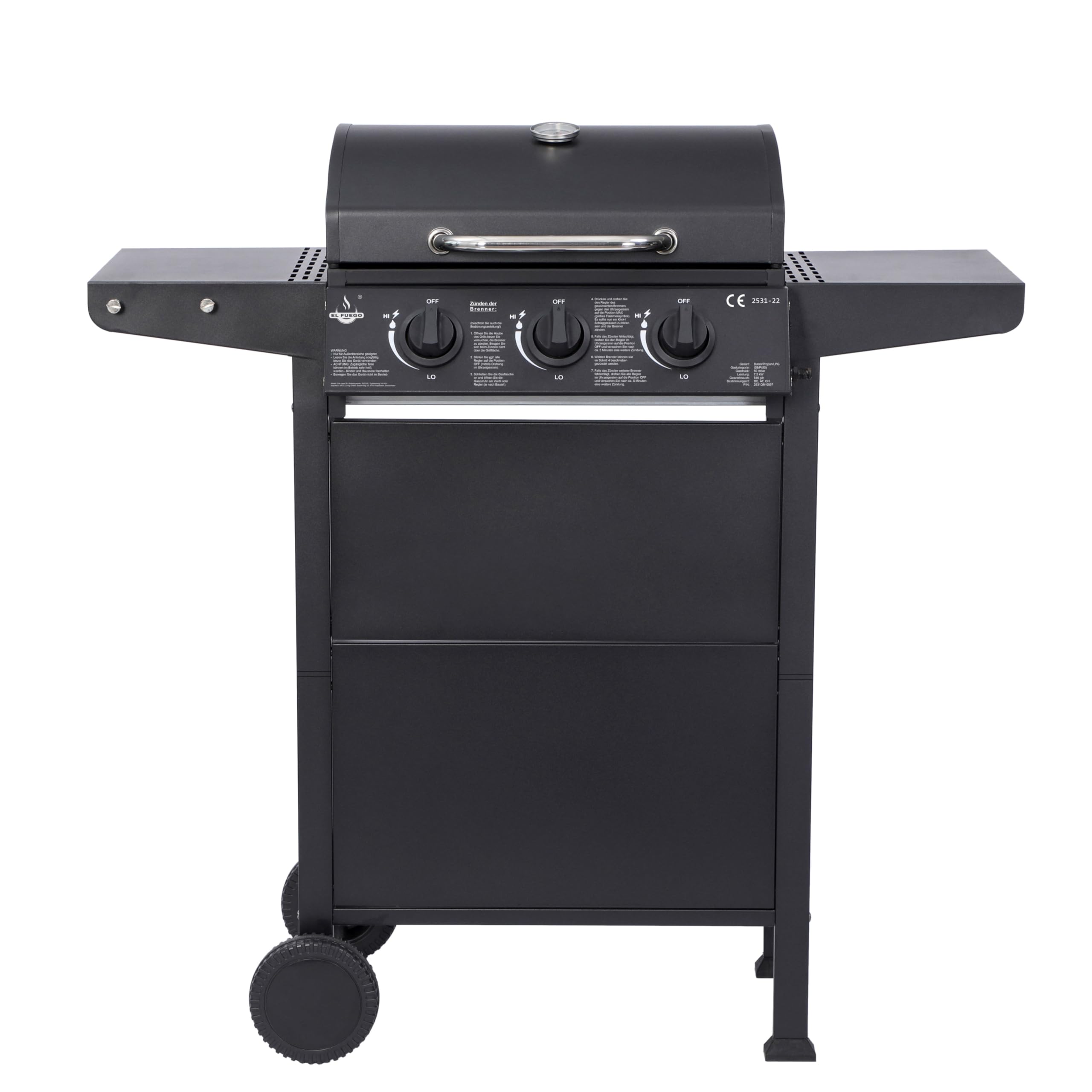 Grill gazowy "San Jose 3 palniki" firmy El Fuego®, w zestawie wąż gazowy i reduktor ciśnienia, ruszt do grillowania z żeliwa, z termometrem i dużymi półkami bocznymi, grill BBQ | AY0205