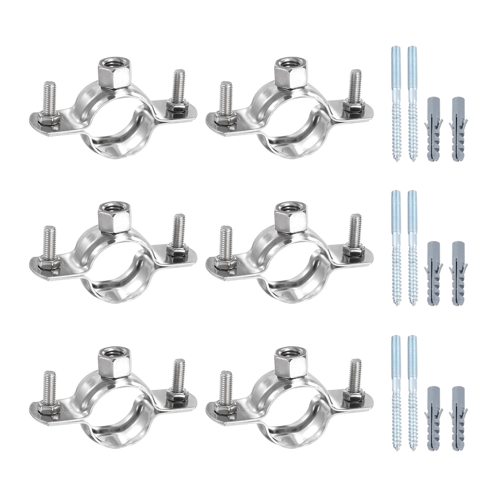 sourcing map 6 Set Adjustable Pipe Bracket Clamps1 (25mm) Stainless Steel Wall Ceiling Mount Split Ring Hanger Metal Pipe Supports Clamp with Screws & Expansion Tube for Pipe Tube (M8)