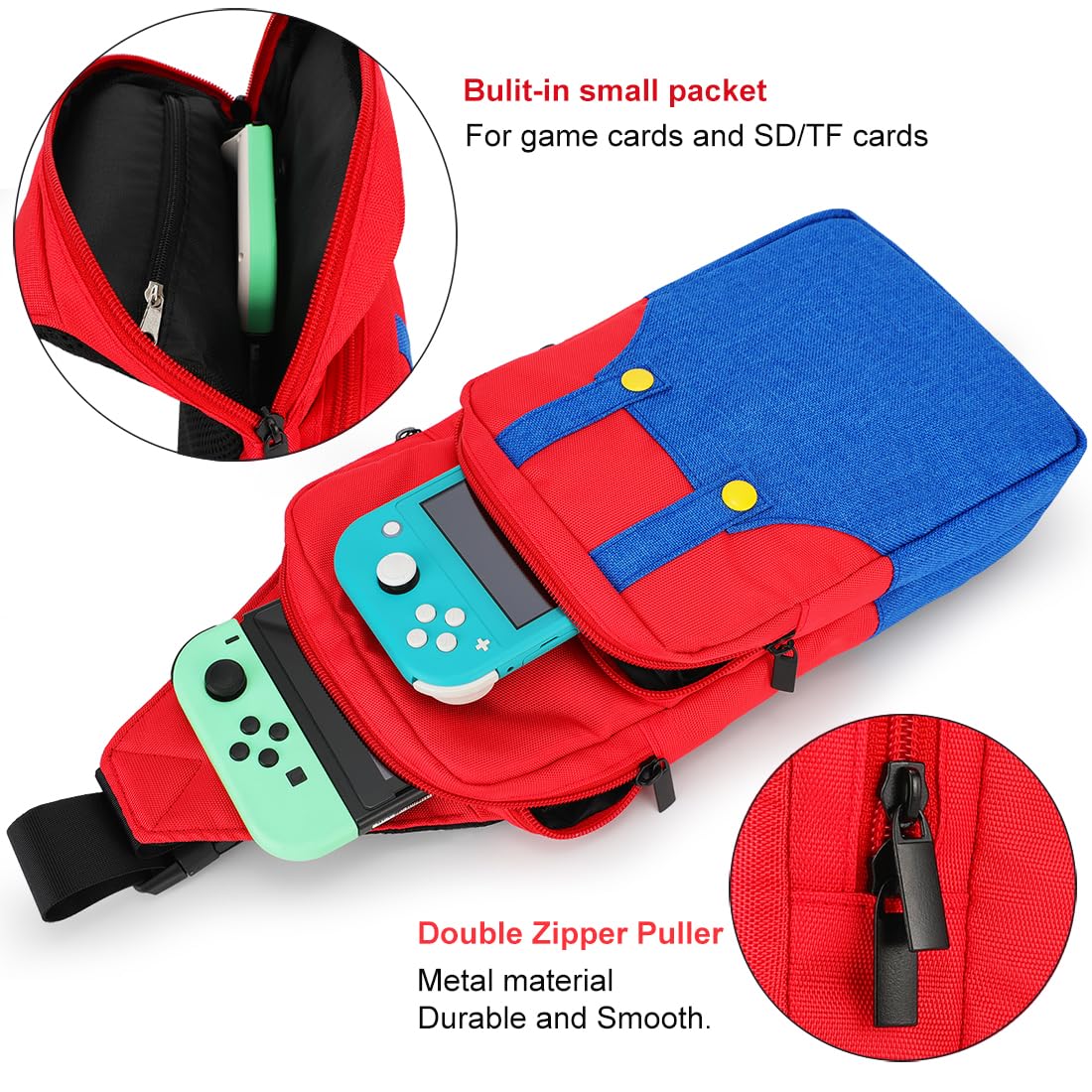 Owngen Cute Travel Bag for Nintendo Switch/Lite/OLED, Portable Gaming Sling Chest Shoulder Crossbody Carrying Accessories Storage Backpack with Cute Game Card Case, 4 Thumb Grip Caps