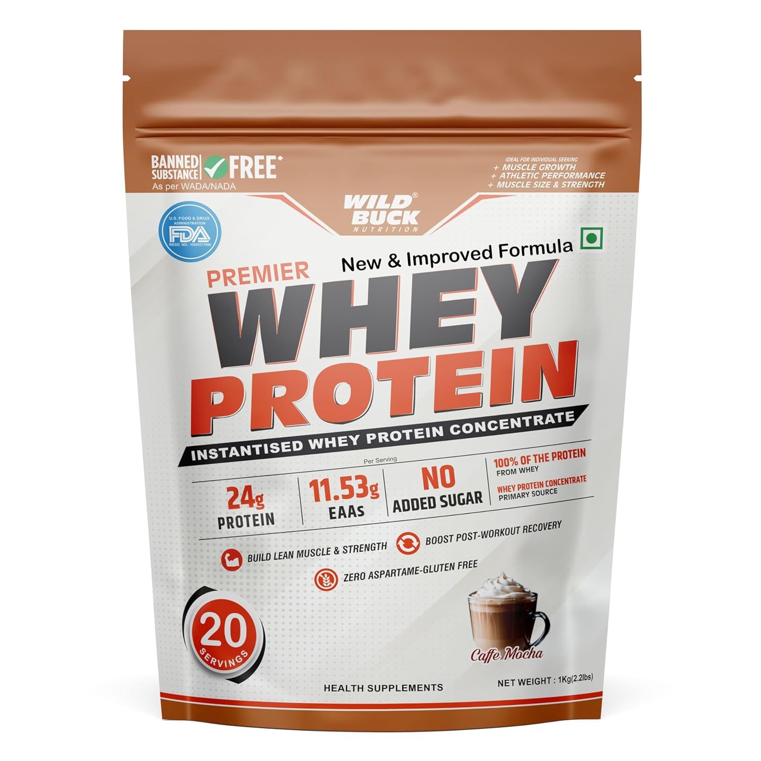 [BRSRGAQ6BUIBY2QU] Wild Buck Nutrition Premier Whey Protein Powder 1kg – 24g Protein, 11.53g EAAs, 5.43g BCAAs | Instantised Whey Concentrate | No Added Sugar | Muscle Building & Post Workout Recovery | Gym Protein for Men & Women | Strength & Lean Muscle | Café Mocha Flavor