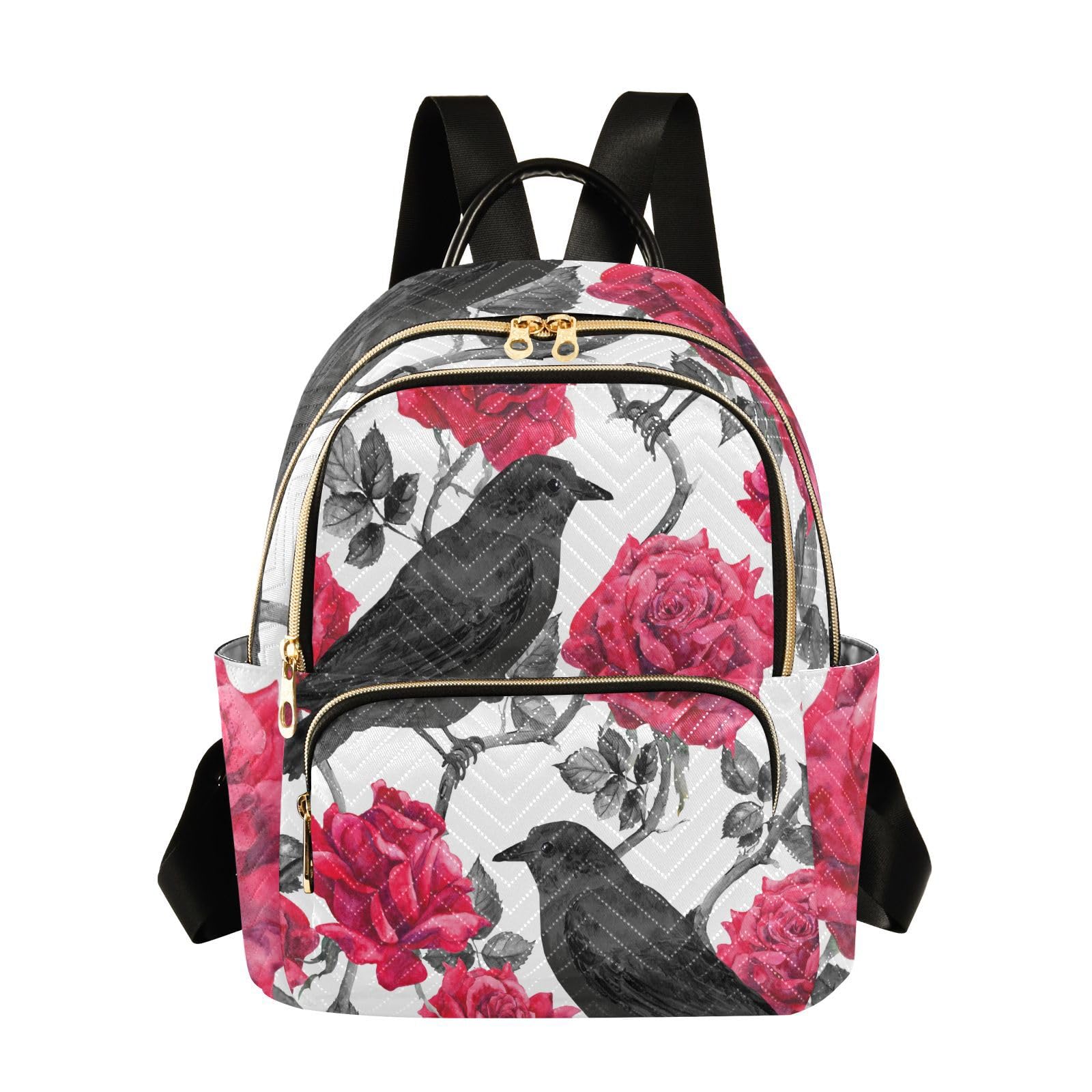 CEBUGI Raven Birds in Red Roses Women's Backpack Purse Fashion Travel Anti Theft Backpack Casual Daypack for Work College,S