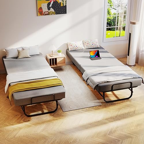 Miniatura 8 de SADENICEL Cama plegable con colchón para adultos, cama plegable portátil con ruedas, colchón de espuma viscoelástica y marco de metal, plegable que