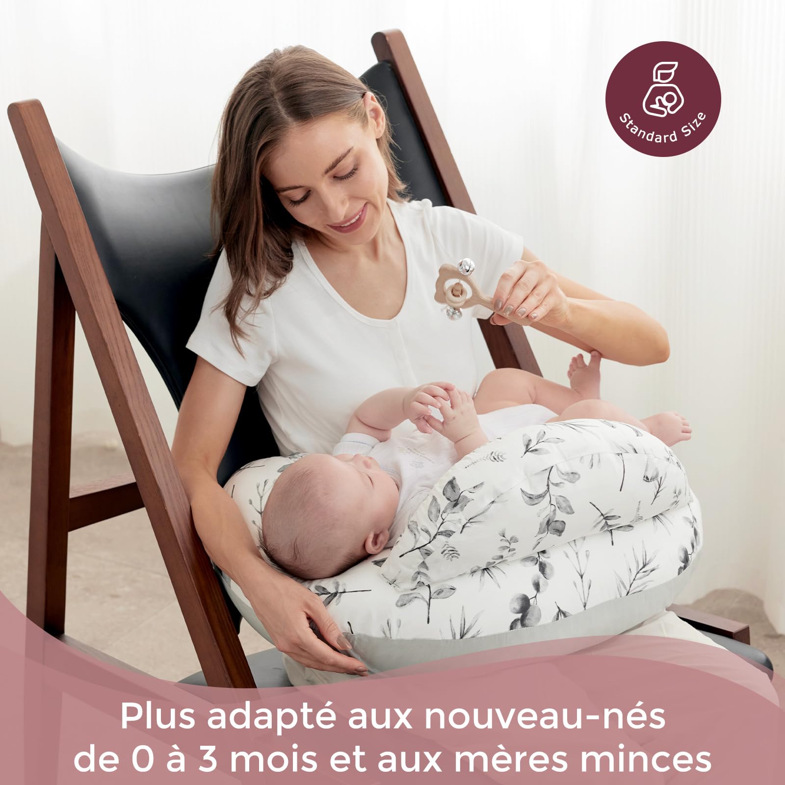 Momcozy Coussin d'allaitement avec bordure de sécurité – Coussin d'allaitement et de positionnement ergonomique avec sangle réglable et housse en coton amovible, feuilles d'encre pâle