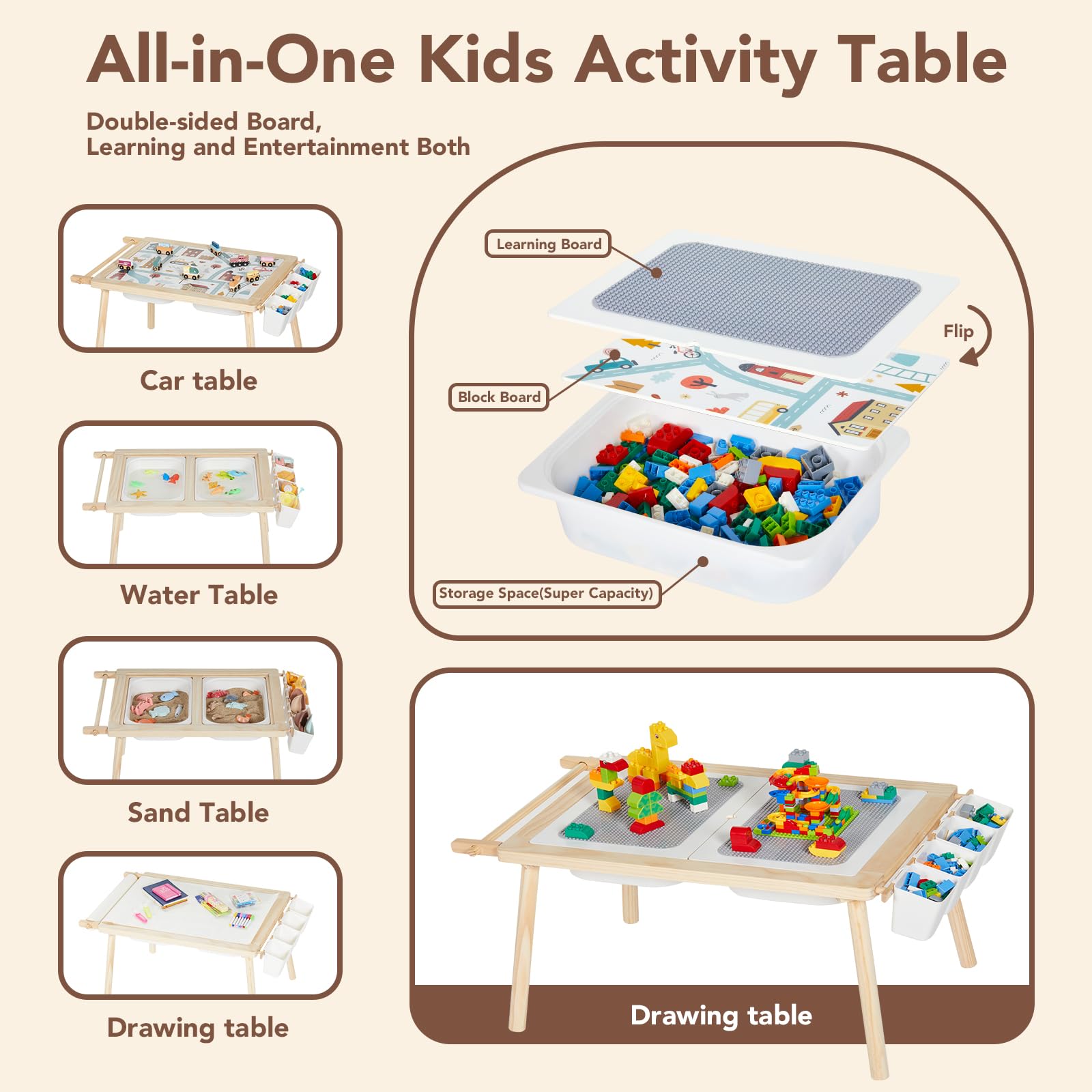 Juego de mesa y silla sensorial 5 en 1 para niños, juego de arena y agua de madera, bloques de construcción, estudio, comedor, almacenamiento de juguetes 3