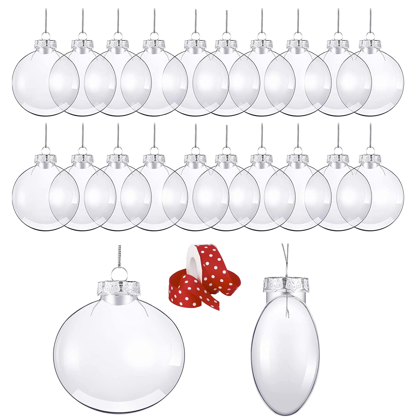 24 Pcs(3.15"/80mm) Flat Round Clear Plastic Fillable Ball Ornament Set Christmas Tree Ornaments ,Clear Plastic Ornaments for Crafts fillable