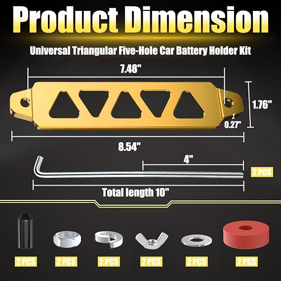 Battery Hold Down Kit, Aluminum Alloy Battery Tie Down Mount Bracket, Battery Hold Down Bracket with J Bolts, Universal 8.5 Triangular Five-Hole Car Battery Holder Kit for Car, SUV, RV (Gold)