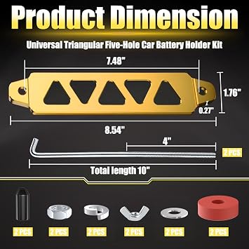 Battery Hold Down Kit, Aluminum Alloy Battery Tie Down Mount Bracket, Battery Hold Down Bracket with J Bolts, Universal 8.5 Triangular Five-Hole Car Battery Holder Kit for Car, SUV, RV (Gold)