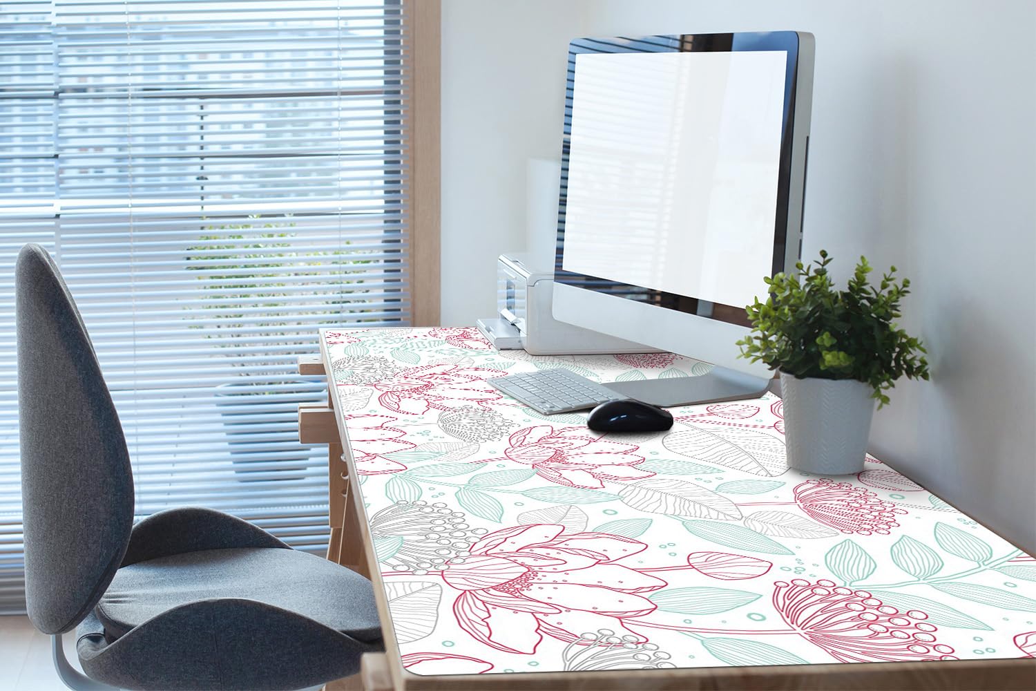 Sottomano da Scrivania 120x60 cm Facile da Pulire Antiscivolo Impermeabile per Ufficio e Casa in Vinile PVC Protezione e Decorazione Superficie Protettiva - Contorni di fiori