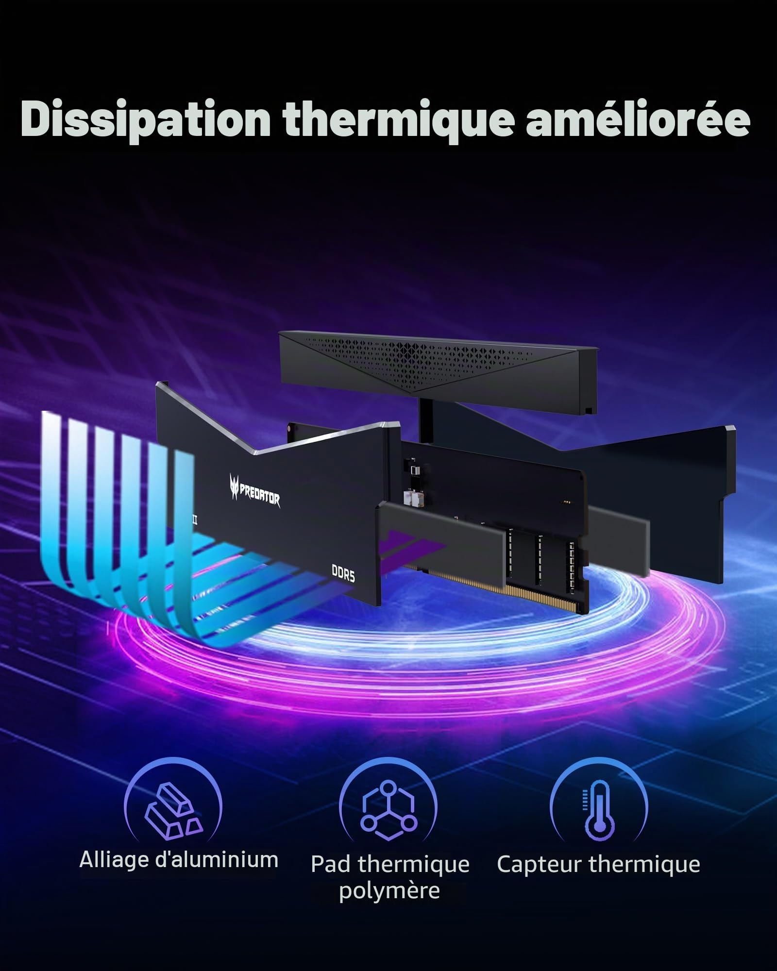 Acer Predator Pallas II mémoire RAM DDR5 32Go (16Go x 2) 6000MHz CL36 - Intel XMP 3.0 & AMD Expo - Mémoire de Travail pour Ordinateur de Jeux PC - Noir