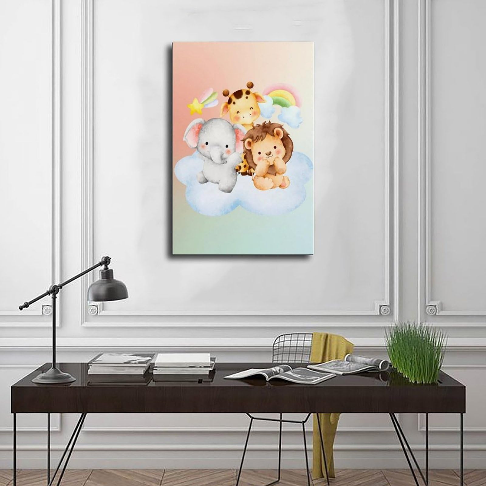 Elefanti, leoni, giraffe, una camera dei bambini a tema giungla in un parco naturalistico. Poster su tela per camera da letto, decorazione per ufficio, camera da letto, regalo, 61 cm L x 91,4 cm W