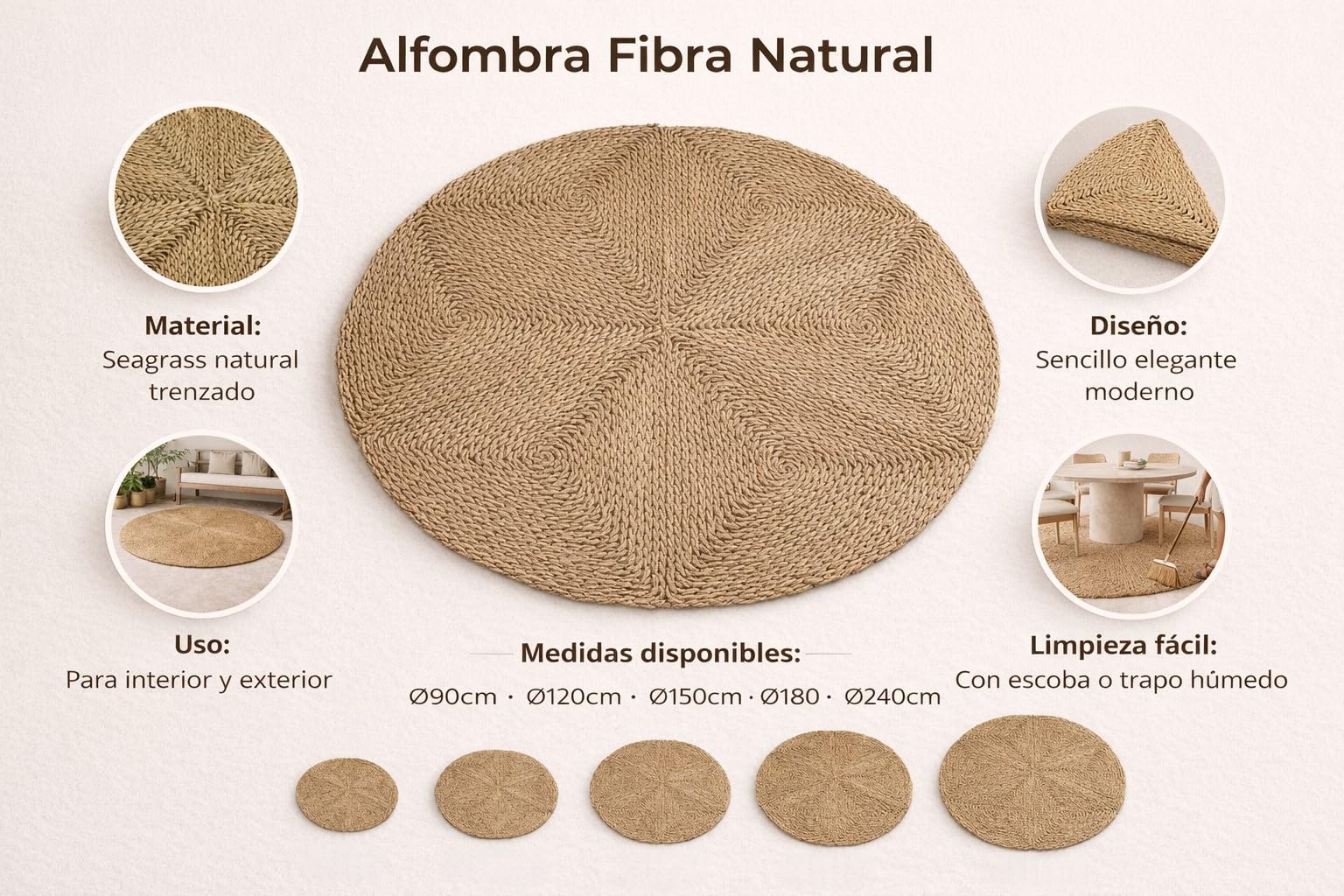 HERSIG - Alfombra Fibra Natural | Alfombra Redonda de Seagrass - 90 cm