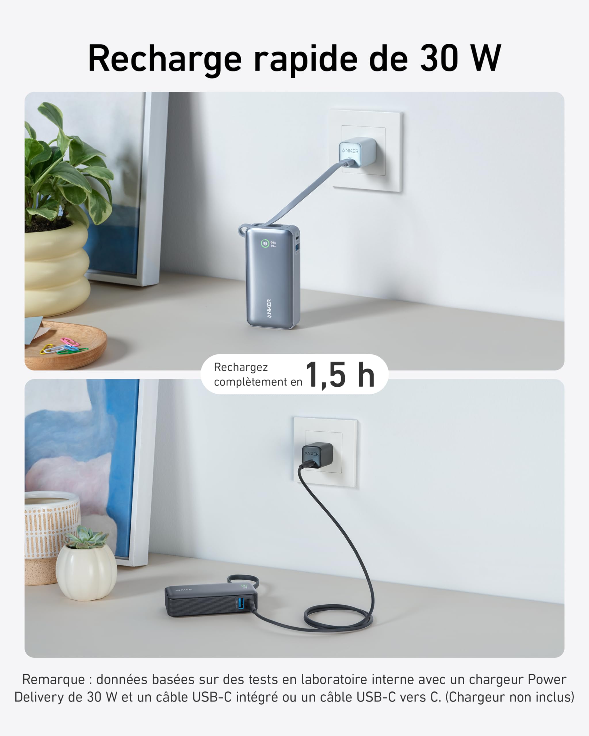 Anker Nano Batterie Externe 10000 mAh avec câble USB-C intégré, Puissance maximale PD 30 W avec 1 Port USB-C & A, Compatible avec iPhone 17 Pro Max16//15/14/13, MacBook, Galaxy, iPad, AirPods