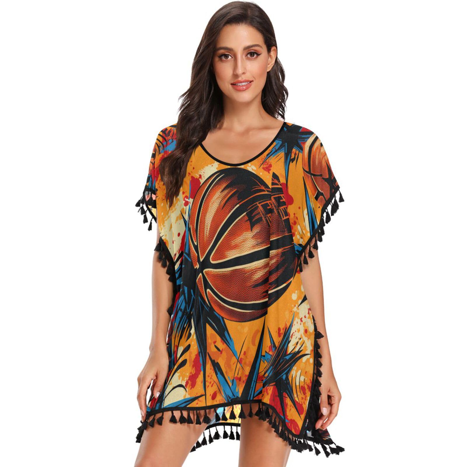 Watercolor Basketball Art Women's Beach Cover Up Chiffon Tassel Swimwear Swimsuit Coverups for Girl