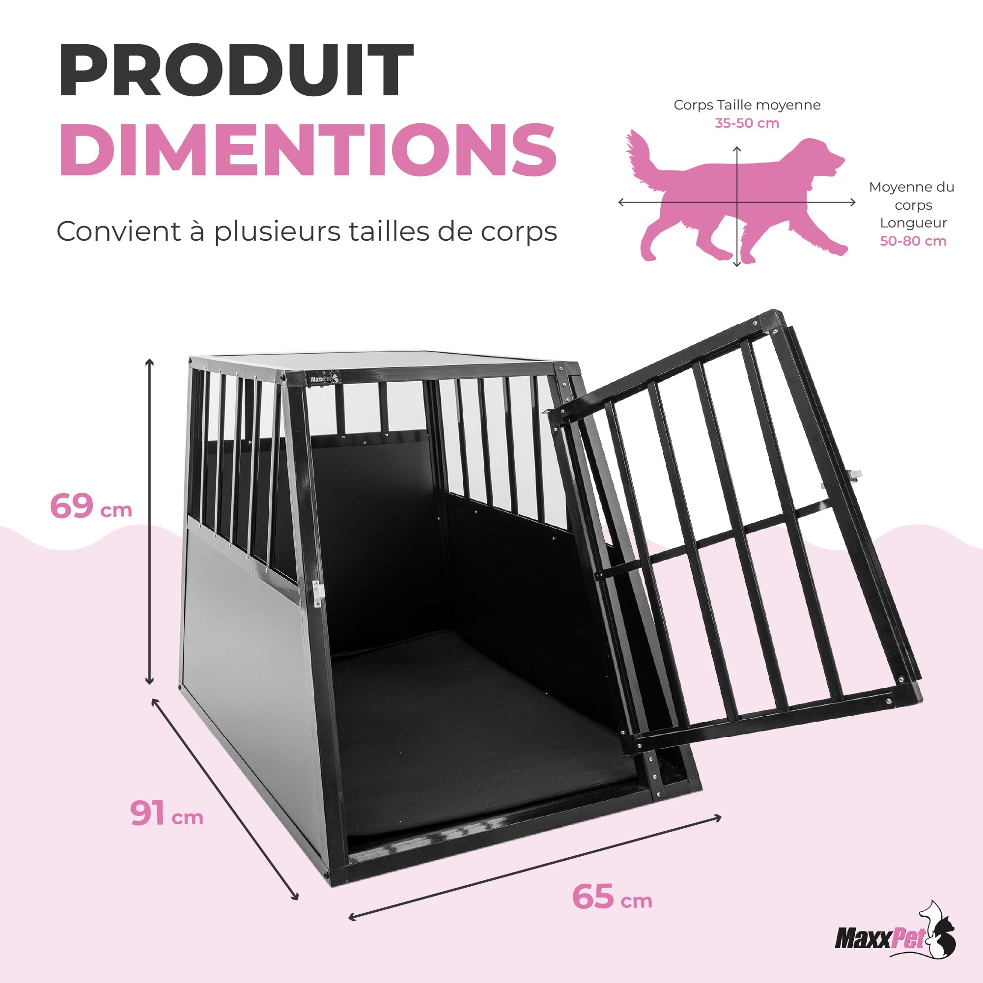 MaxxPet Cage pour chien de voiture - Taille XXL - En aluminium - 65 x 91 x 69 cm