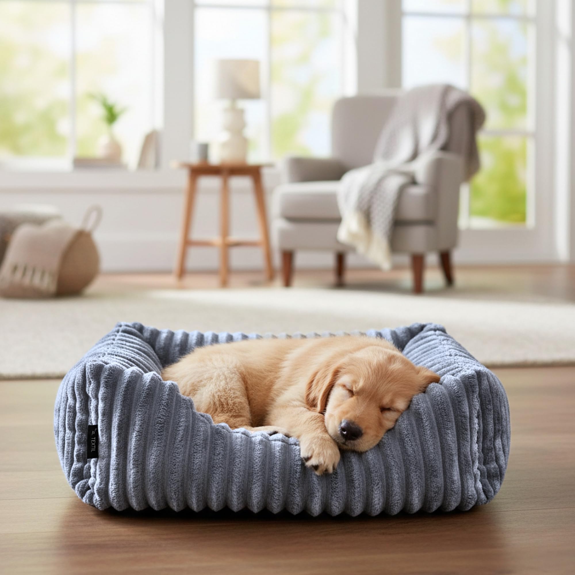 4L Textil Bella Plüsch-Hundebett Premium-LINE Kuscheliges Hundekörbchen aus Cord Katzenkorb Hundekorb für Welpen Hundebett flauschig Hundesofa kleine Hunde (Dunkelgrau, 90x70 cm)