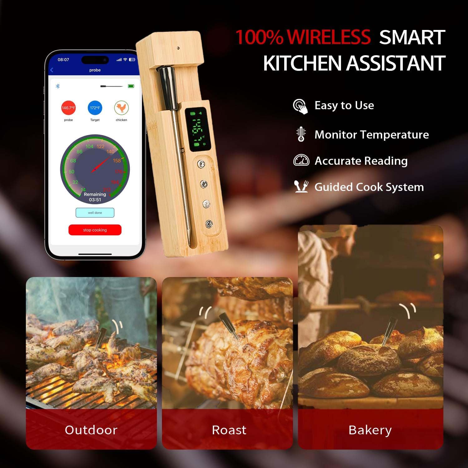 Präzises Bluetooth-Meatthermometer – Kabellos, wasserdicht (IP68) & mit App-Steuerung für perfektes Grillen und Braten