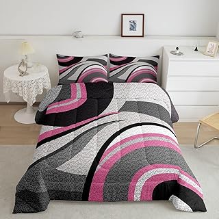 Pink Grey Black Stripes Comforter Set Full Size Kids Geometric Comforter Set for Boys Teens Geometry Abstract Art Bedding Set Modern Striped Art Duvet Set Room Decor Quilt Boys