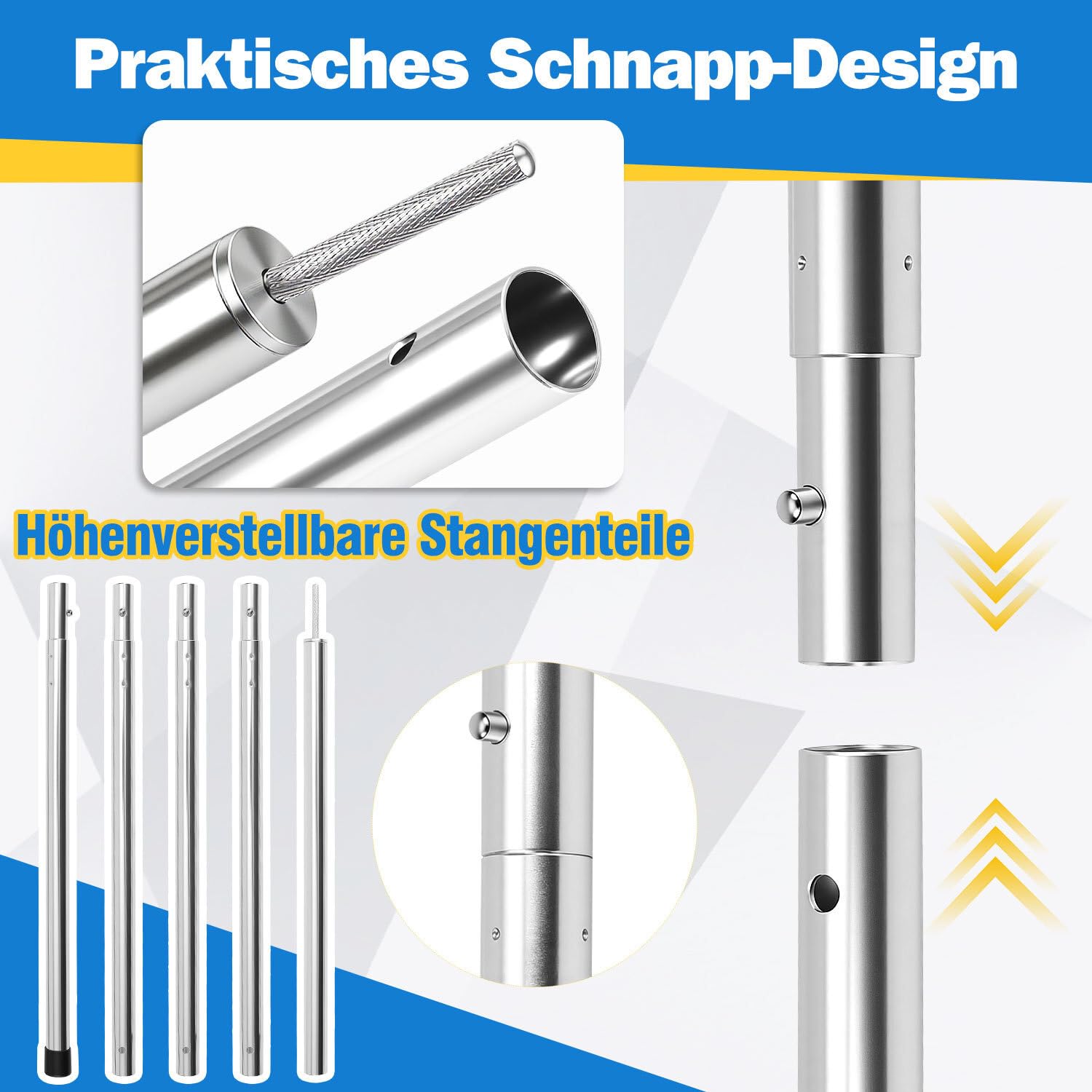Zeltstange, Zeltstangen Alu Verstellbares von 87.5cm bis 234.5cm,Zeltstangen Teleskop für Camping,Zeltstange mit 3 Segmenten,Teleskopstange für Zelte Tarp,Silber,mit Aufbewahrungstasche