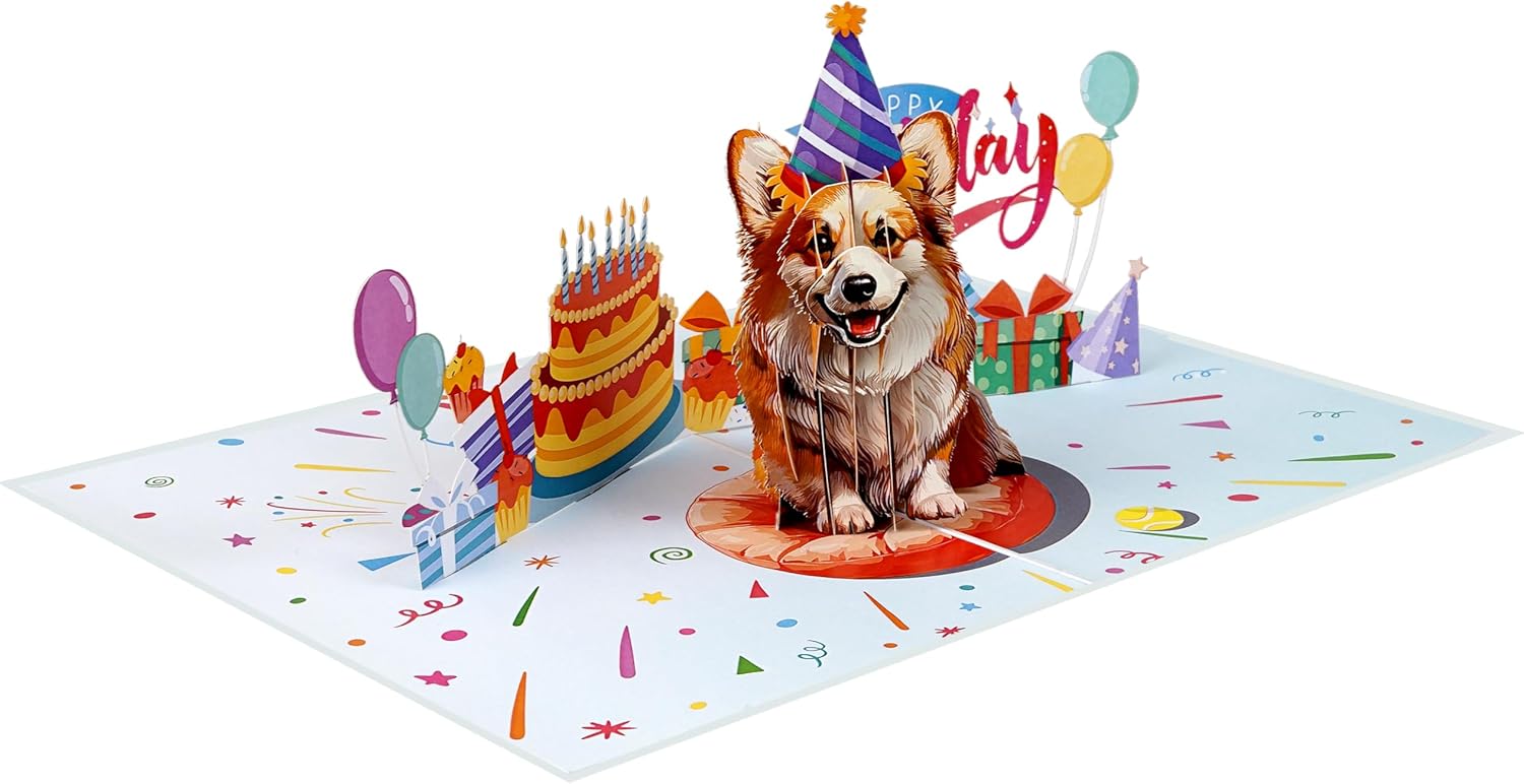 iGifts And Cards Corgi Party Hat 誕生日ポップアップカード 6インチ x 8インチ &ndash; かわいい犬の