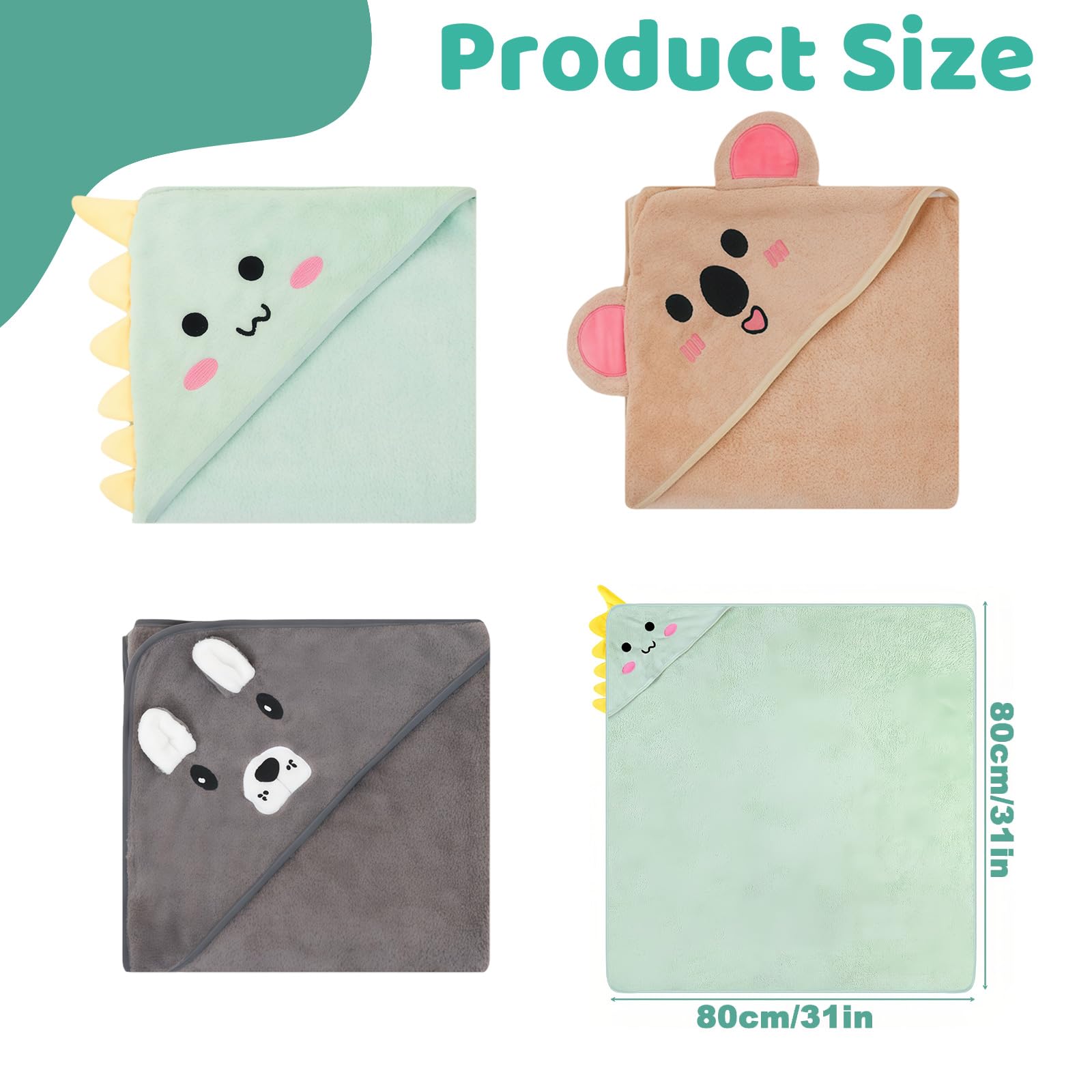 3 pièces serviettes à capuche pour bébés 80 x 80 cm, serviettes douces pour tout-petits et nouveau-nés, serviette de bain pour bébé en cyan, gris foncé et café.