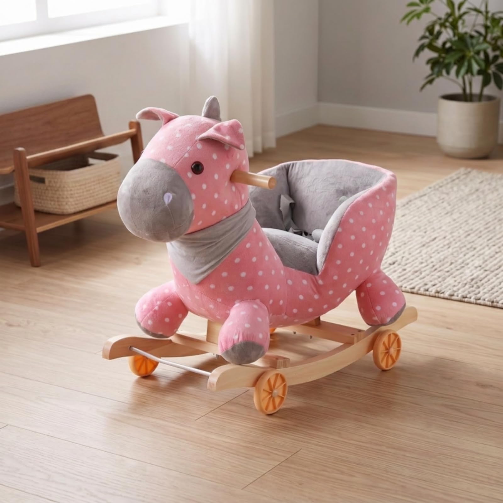 Cavallo a Dondolo con Ruote Morbido Cavalluccio a Dondolo Felpato Robusto Giocattolo per Bambini, Cameretta, color to 2, 60 28 50CM