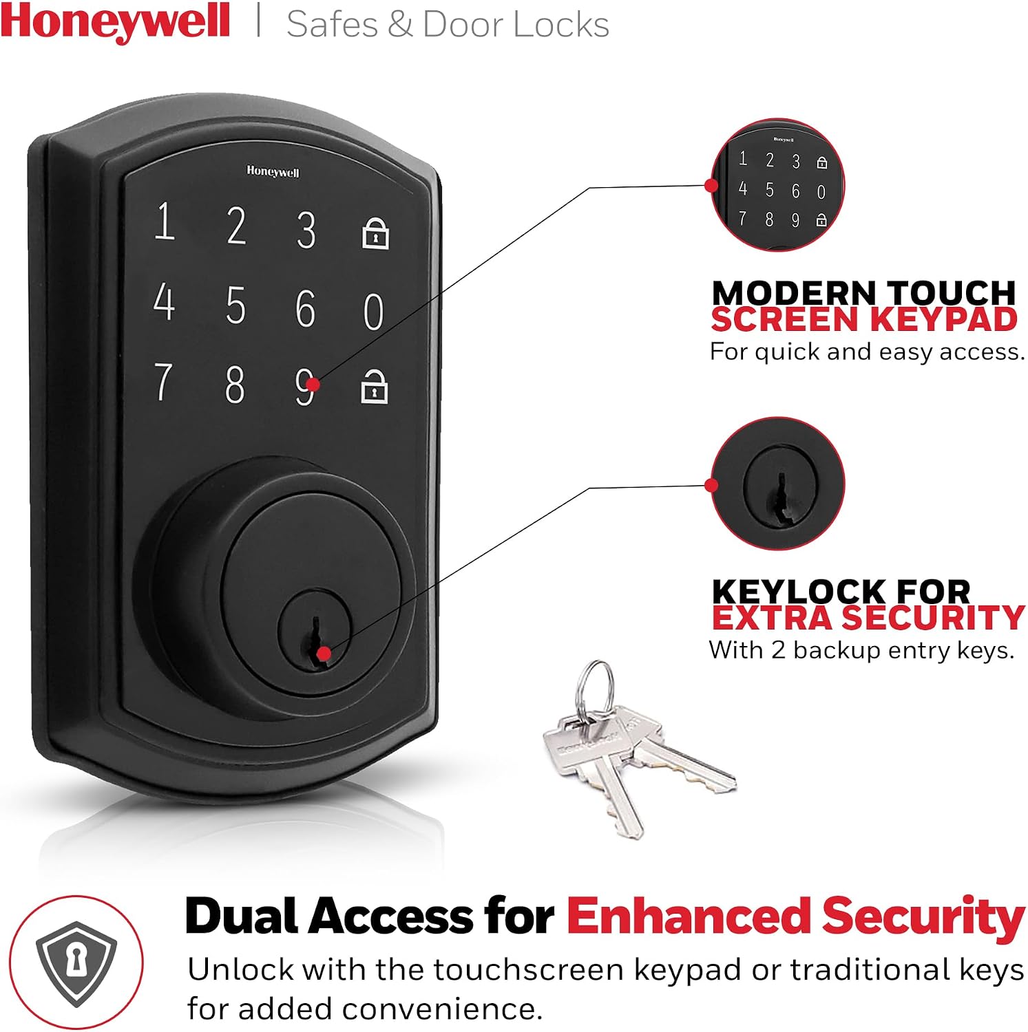 Honeywell Safes & Door Locks - Keyless Entry Door Lock with Touch Screen Keypad Deadbolt - Electronic Smart Lock with One-Touch Locking & 50 Different User Codes - 9 x 5 x 8 In - Matte Black, ‎8635004