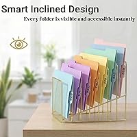 Vista 3 de Simmer Stone Gold Desk Organizer 7 Slot Inclined Vertical File Folder Holder Sorter with Mesh Front Metal Wire Rack for Mail, Slim Binders, Books