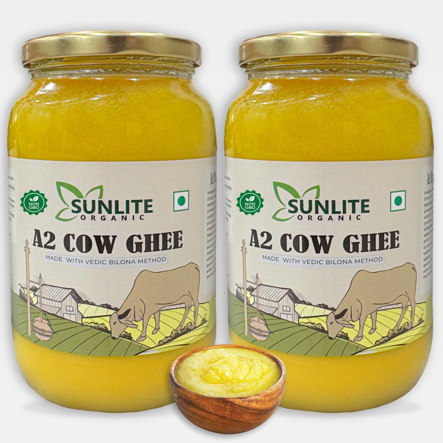 Sunlite Organic - A2 Desi Cow Ghee 1 Litre Glass Bottle (500ml x 2 Pack) I Non-GMO, Lab Tested Traditional Curd Churned Bilona Method Cow Ghee I Grass-Fed, Pure & Healthy Cultured Desi Ghee I Indian Origin A2 Ghee