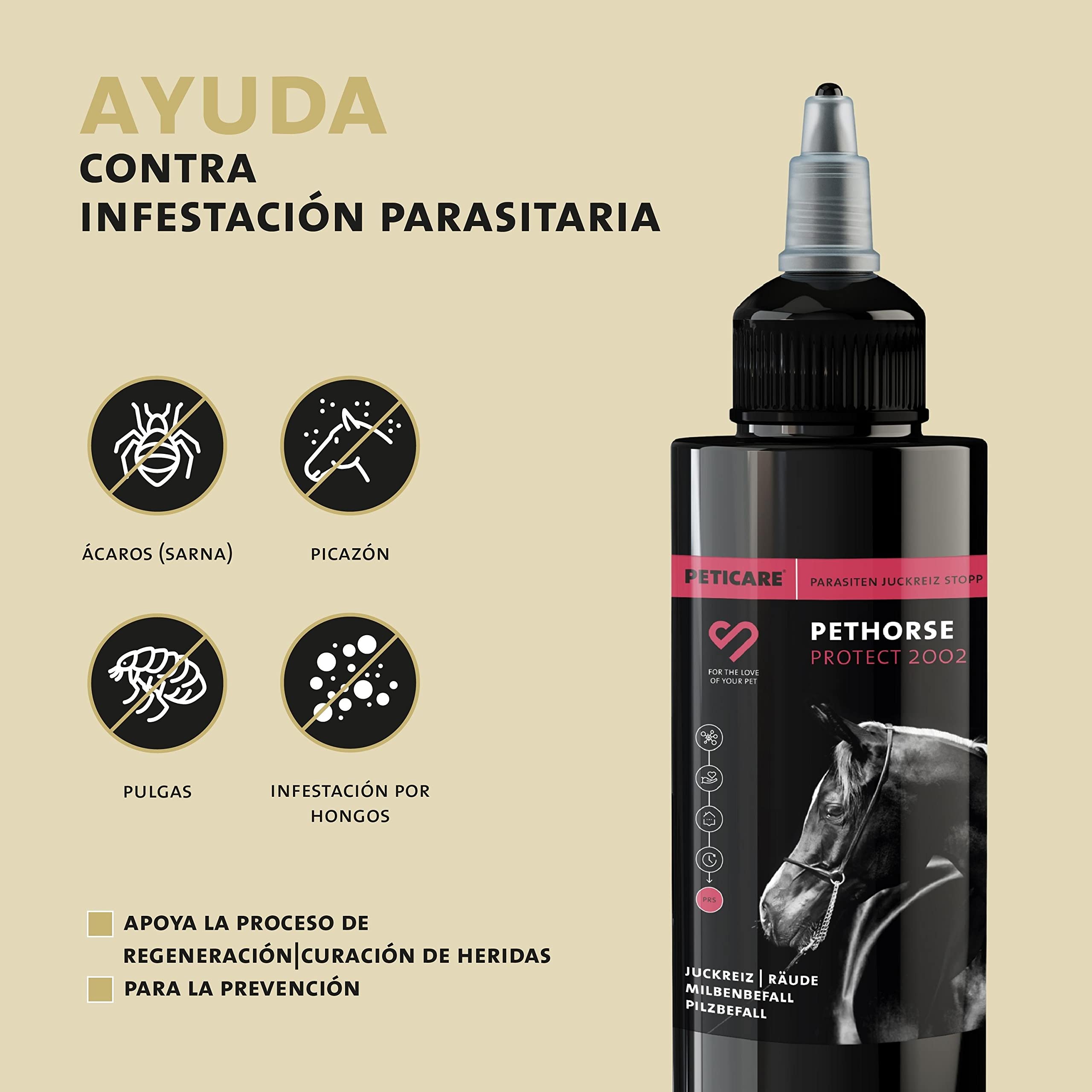 Peticare Caballo Locion Anti-Acaros, para Picores, Ataque de Hongos y Anti-Pulgas - Tratamiento Eficaz, Detiene la Picazon Fuerte, Productos de Cuidado - petHorse Protect 2002