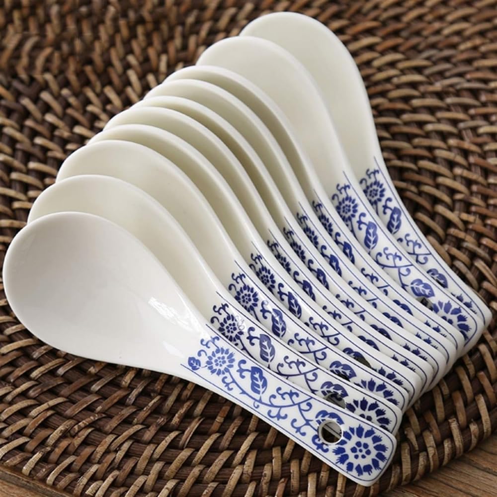 Łyżki do zupy chochla ręcznie malowana niebiesko-biała porcelanowa ceramiczna łyżka do zupy zestaw domowych łyżek do zupy zestaw 13 cm długie chochle do serwowania - 10 szt. 13 cm