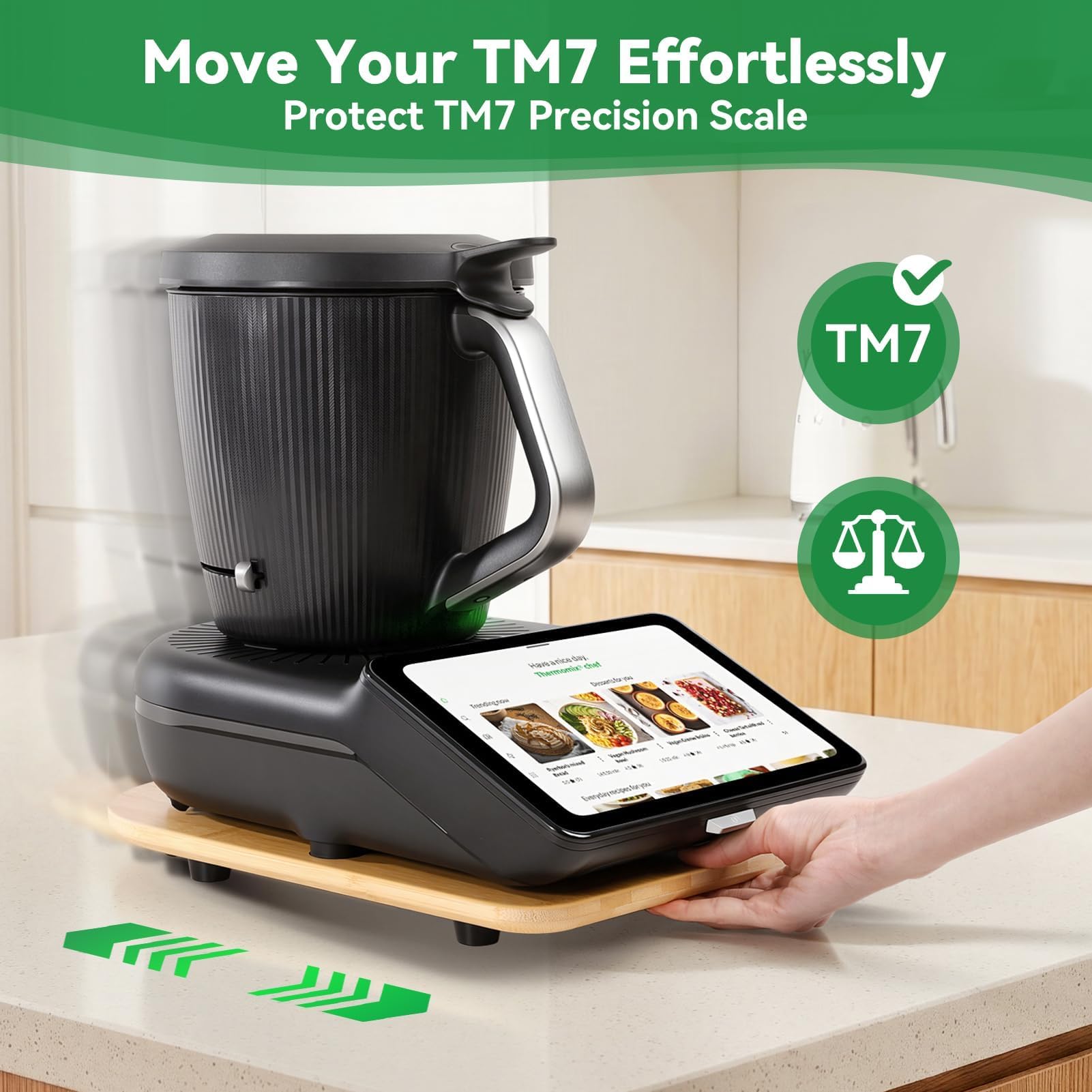 Deska Ślizgowa do Thermomix TM7 z 3 Wycięciami na Chwyt, Deska do Thermomix z Kółkami z Bambusa 15 mm, Stabilna Podstawka Przesuwna na Blat Kuchenny Łatwa w Przesuwaniu, Bambus