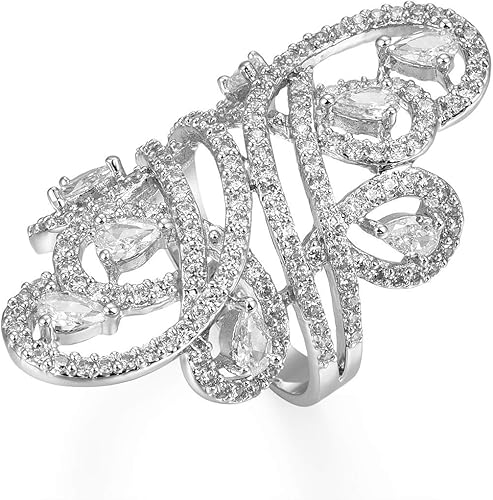 Miniatura 2 de Anillo de declaración de armadura de dedo completo con circonita cúbica chapada en rodio