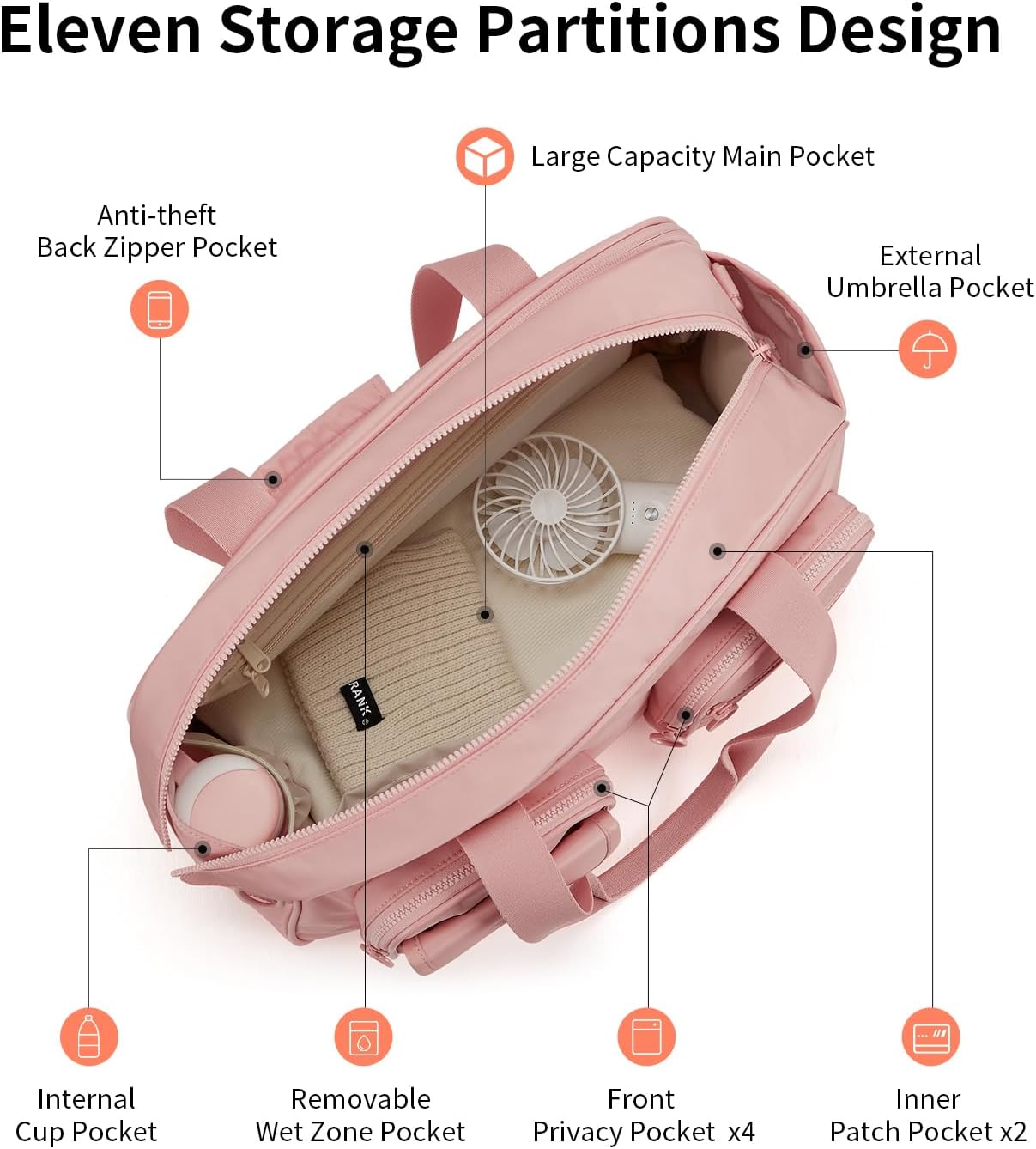 Aji Expandable Travel Duffel Bag, Pink Duffle Bag for Travel with Wet Pocket, Carry on Weekender Bags for Men Women, Water Resistant Gym Duffel Bag Sport Bag - Image 3