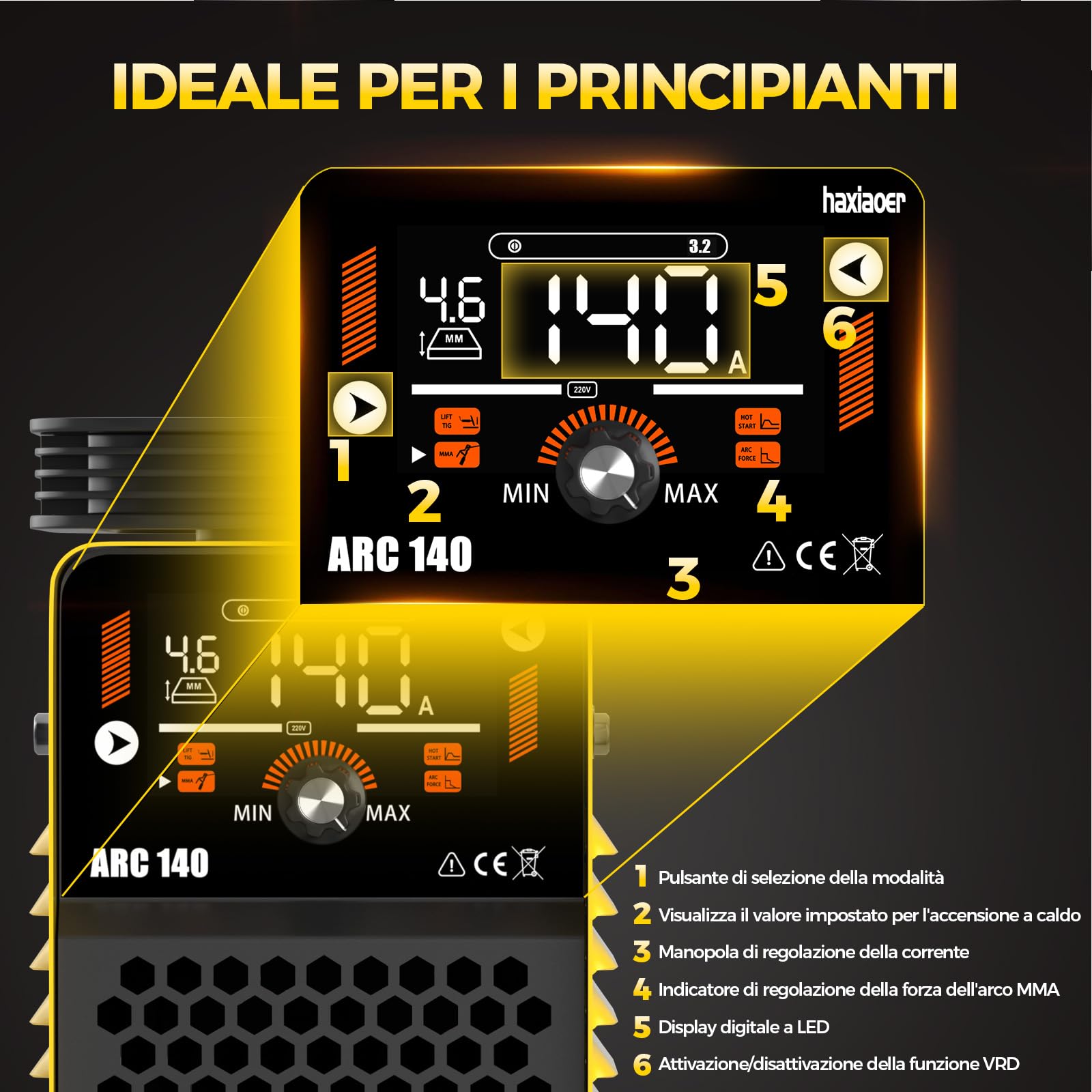 haxiaoer Saldatrice Inverter 230V Kit Completo - 2 in 1 140A MMA Lift TIG Saldatrice Electtrodo con saldatrice ad arco digitale Smart LCD Display Inverter, IGBT, 10 Fili di saldatura