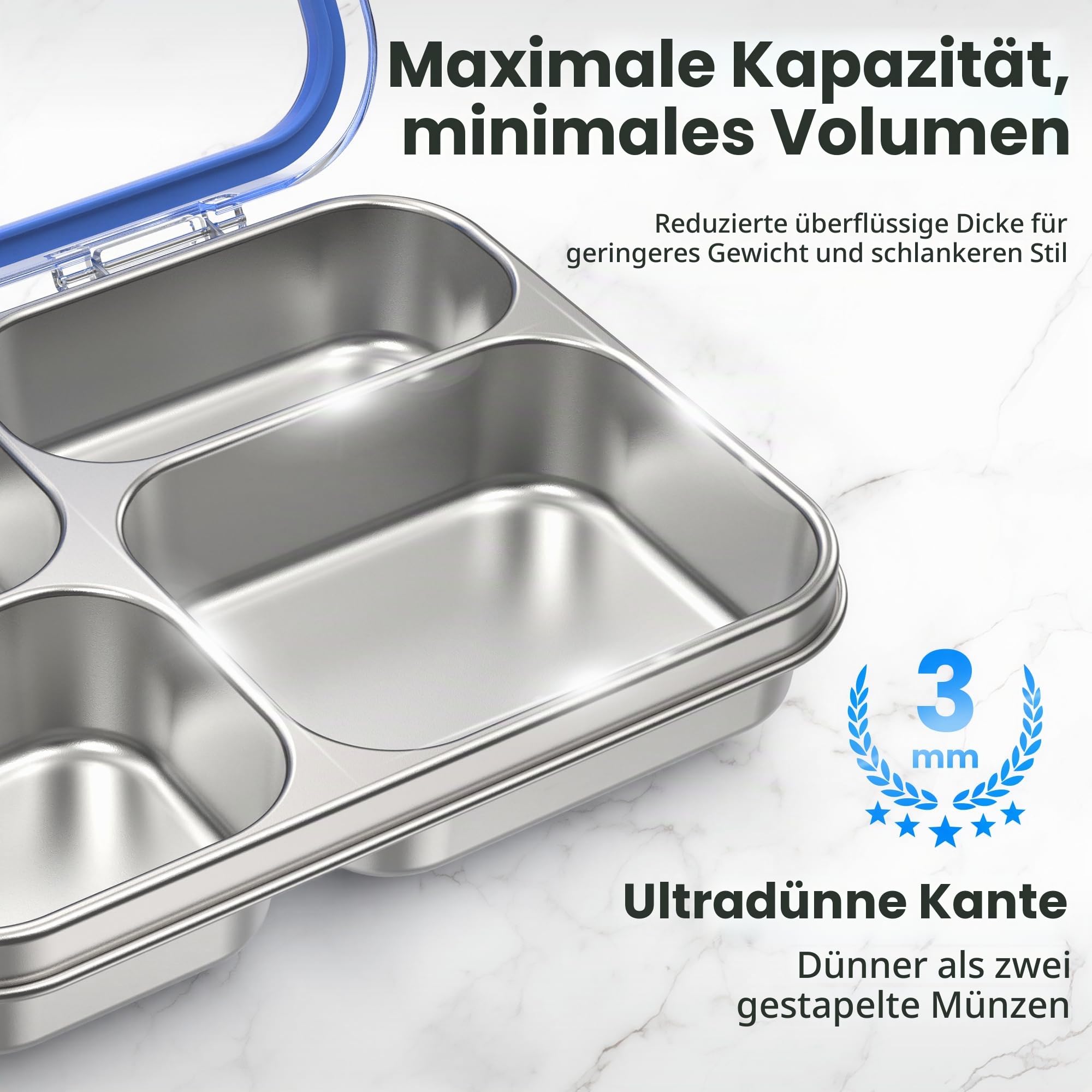 VITONIS Edelstahl Brotdose Kinder Metall Bento Lunchbox mit 4 Fächern, 930 ml Auslaufsichere Brotbox Sandwichbox Brotzeitdose Vesperdose Brotbüchse, Spülmaschinenfest Blau