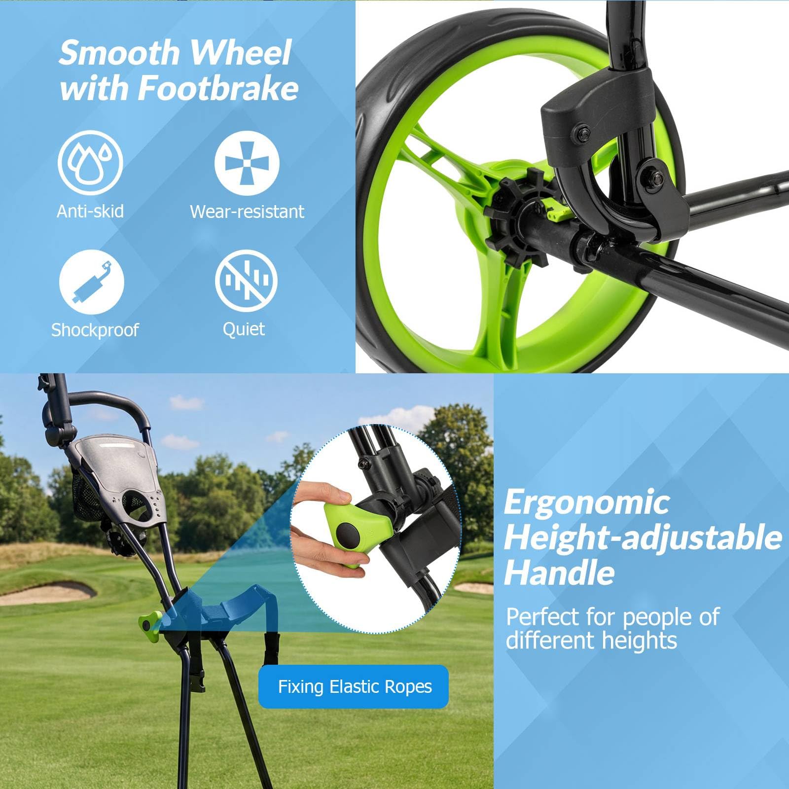 GYMAX Carrello da Golf, Pieghevole a 3 Ruote (Verde)