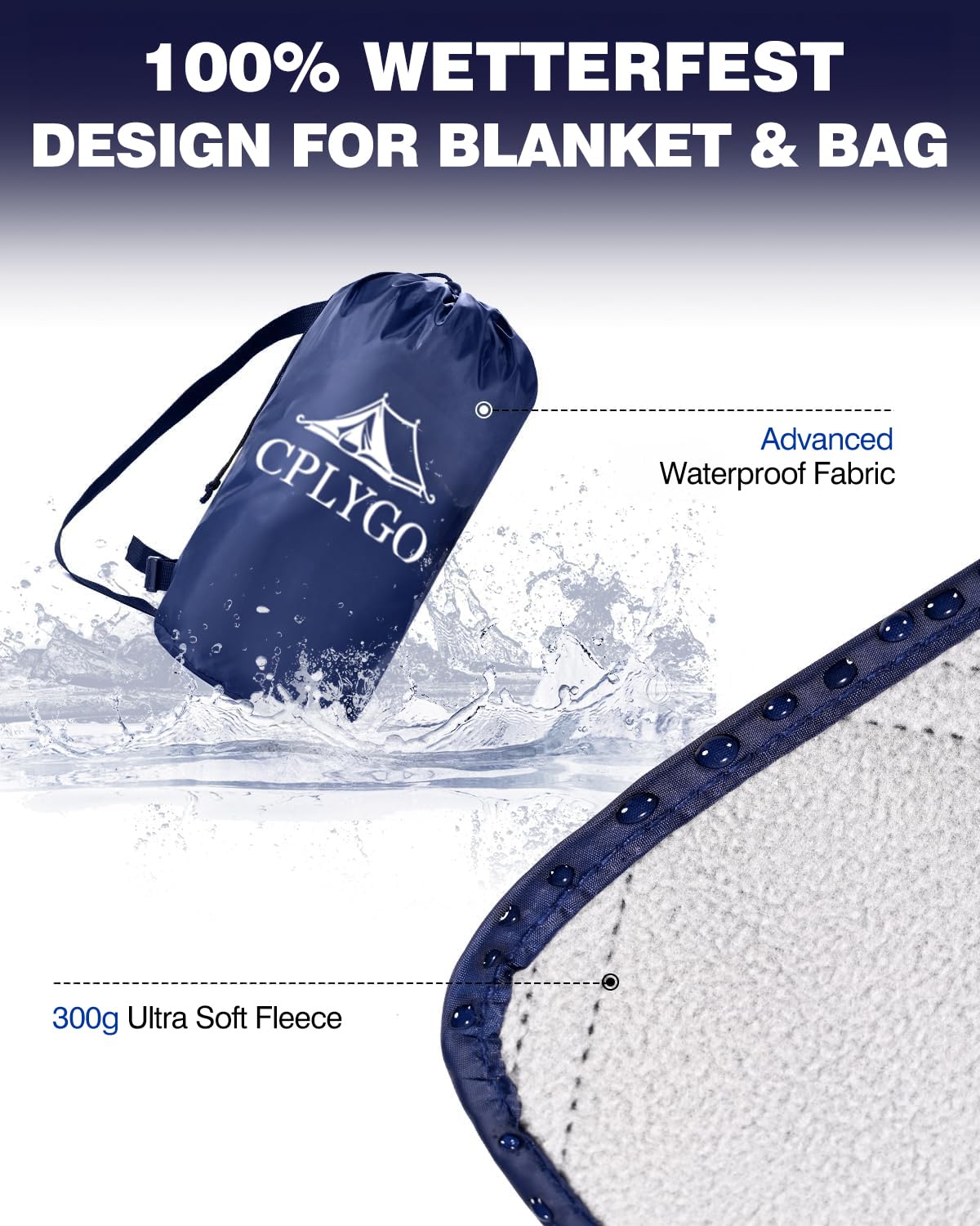 wasserdichte Picknickdecke Fleecedecke mit Hut, Groß Tragbare Decke für Camping, Stadion, Strand, Auto, Sofa, Yoga, kaltes Wetter, Reisedecke Ultraleicht Warm Winddicht Sandfest, 145 x 190 cm, Blaue