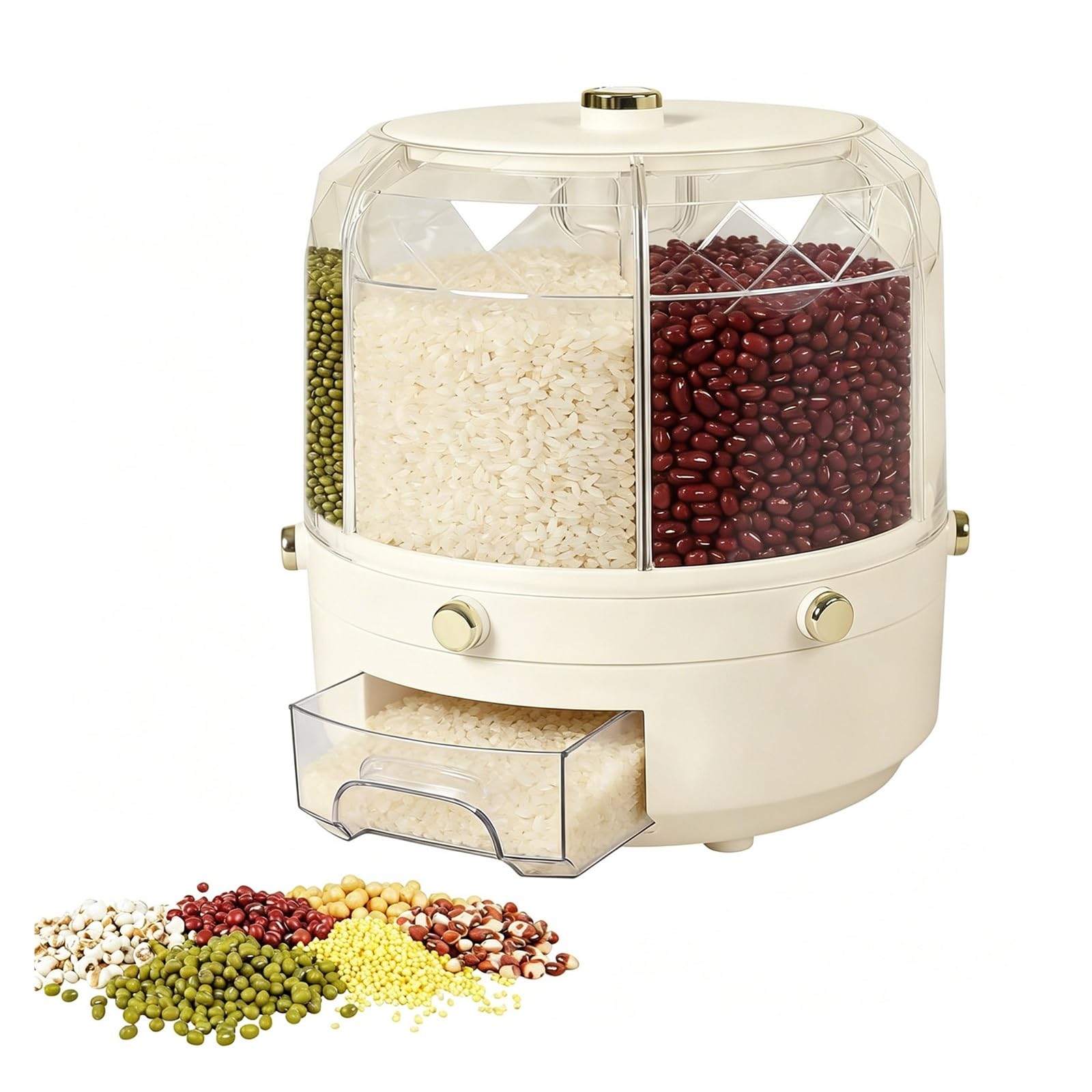 CAIFUGUIHE Rice Food Grain Dispenser, 6 Grids Rice & Grain Storage Container 360° Rotatable Grain Dispenser One-Button Pressing Storage Bucket for Grains Snacks Coffee Beans Pet Food Dispenser(Beige)