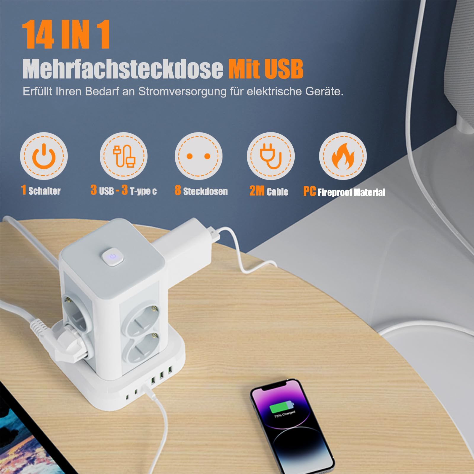 Regleta con USB 8 compartimentos, AOUOO Regleta múltiple con interruptor, 4000 W, 16 A, protección contra sobretensiones, torre de enchufe, cable alargador de 2 m para casa, oficina, cocina, cable de