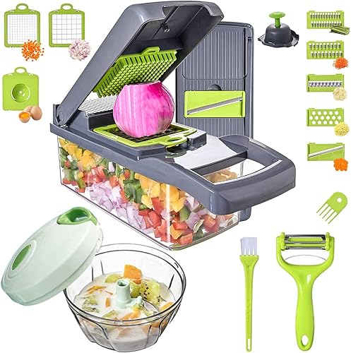 Vegetable Chopper Slicer 16-in-1 with Spice Chopper Set 7 Blades Veggie Dicer Onion Fruit Cutter Un conjunto gris,Gris