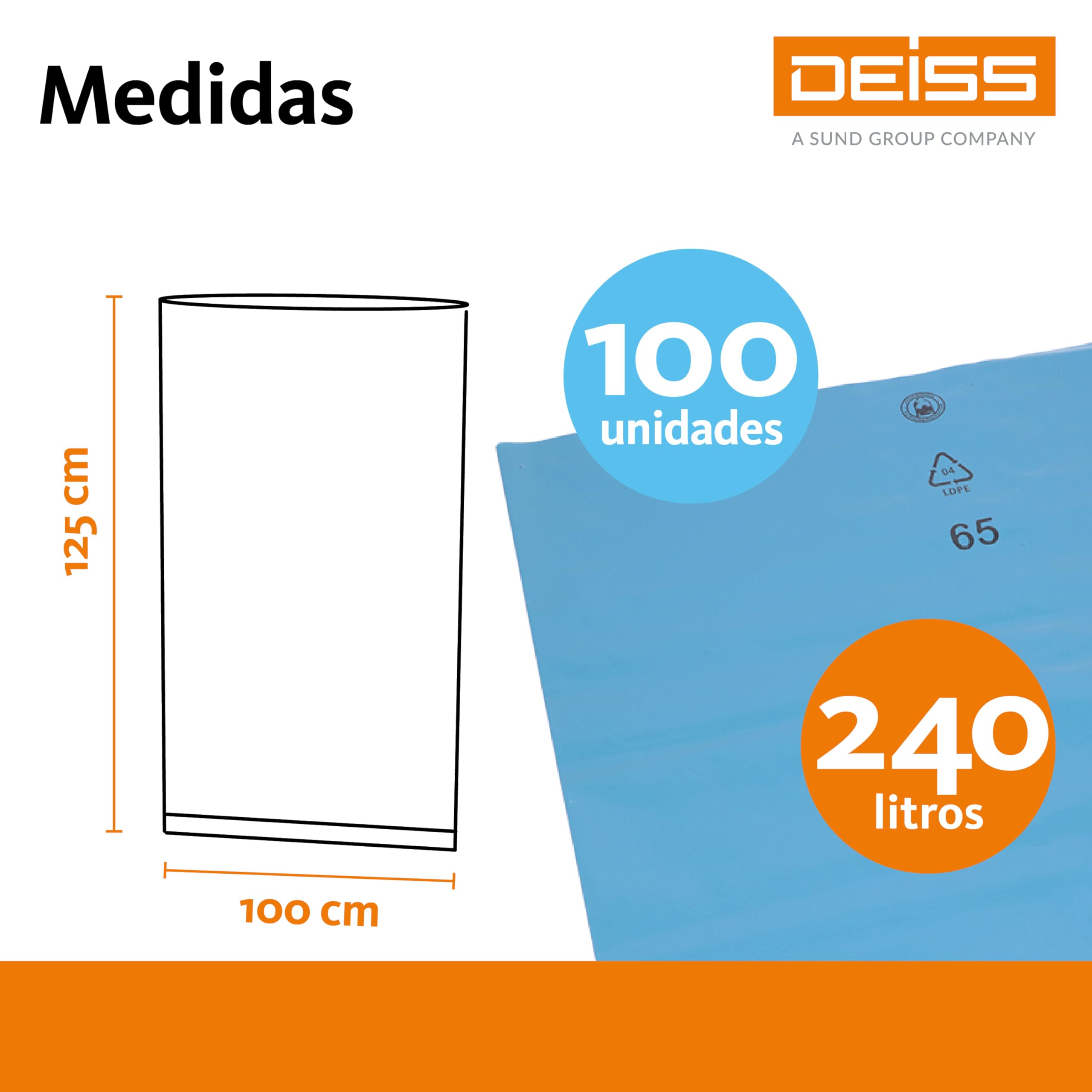 DEISS Bolsas de Basura Industriales 240L – 25 Unidades – Azul, Extrafuertes, Alta Capacidad – Saco de Residuos para Contenedores Grandes y Uso Profesional