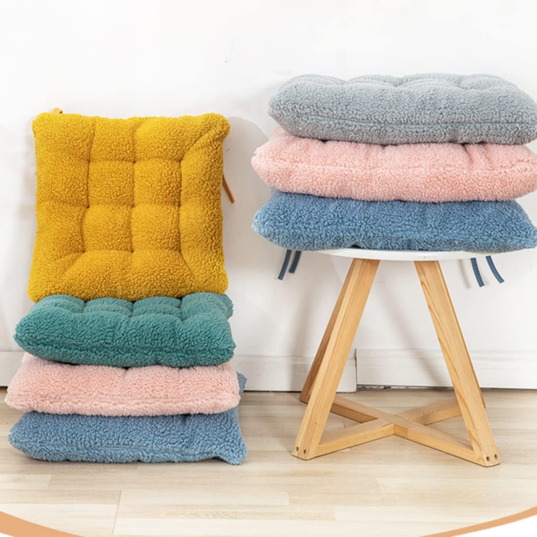 Kitchen Chair Cushion with Ties Soft Wool Touch Seat Cushions Solid Thick Seat Pad Mat Pads Decor for Chair Office Bedroom Living Room Car (Blue,20"x20")