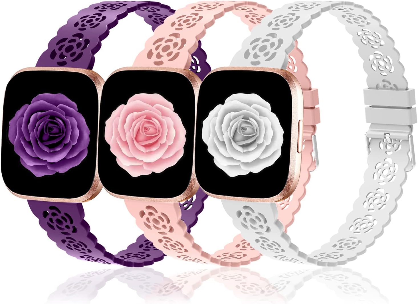 3 Pack 22mm Lace Hollowed-Out Silicone Replacement Wristbands Compatible for Fitbit Versa/Fitbit Versa 2/Fitbit Versa Lite,Slim Bands Soft Smartwatch Sport Strap for Women image 2