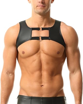 QiaTi Mens Leather Chest Harness Black Chest Belts Cross Dressing Transgender Shoulder Harness for Men Daily