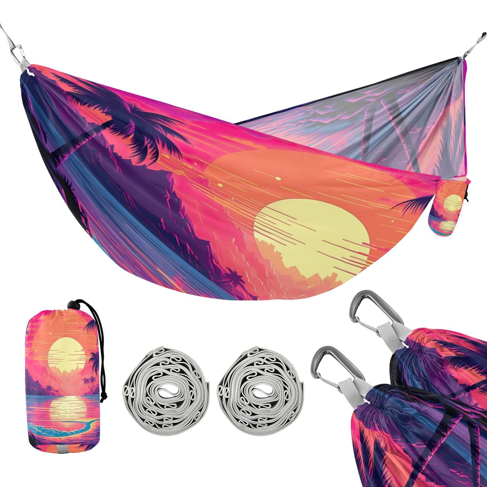 Haskirky Sunset Tree Camping Hammock, Single Portable Hammocks with Tree Straps & Attached Carry Bag, 330Lbs Capacity Perfect for Outside Indoor Hiking Beach Backpack Travel