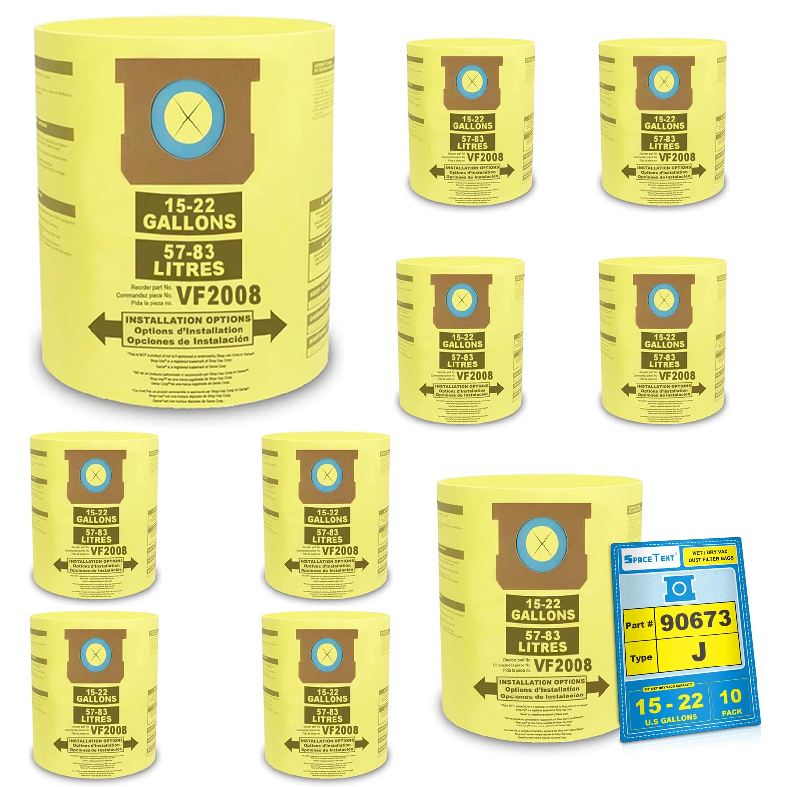 SpaceTent 10 Pack Shop Vac 90673 Filter Bags compatible with Shop Vac 15-22 Gallon Wet/Dry Vacs, part # 90673 9067300, Type J High Efficiency Filter