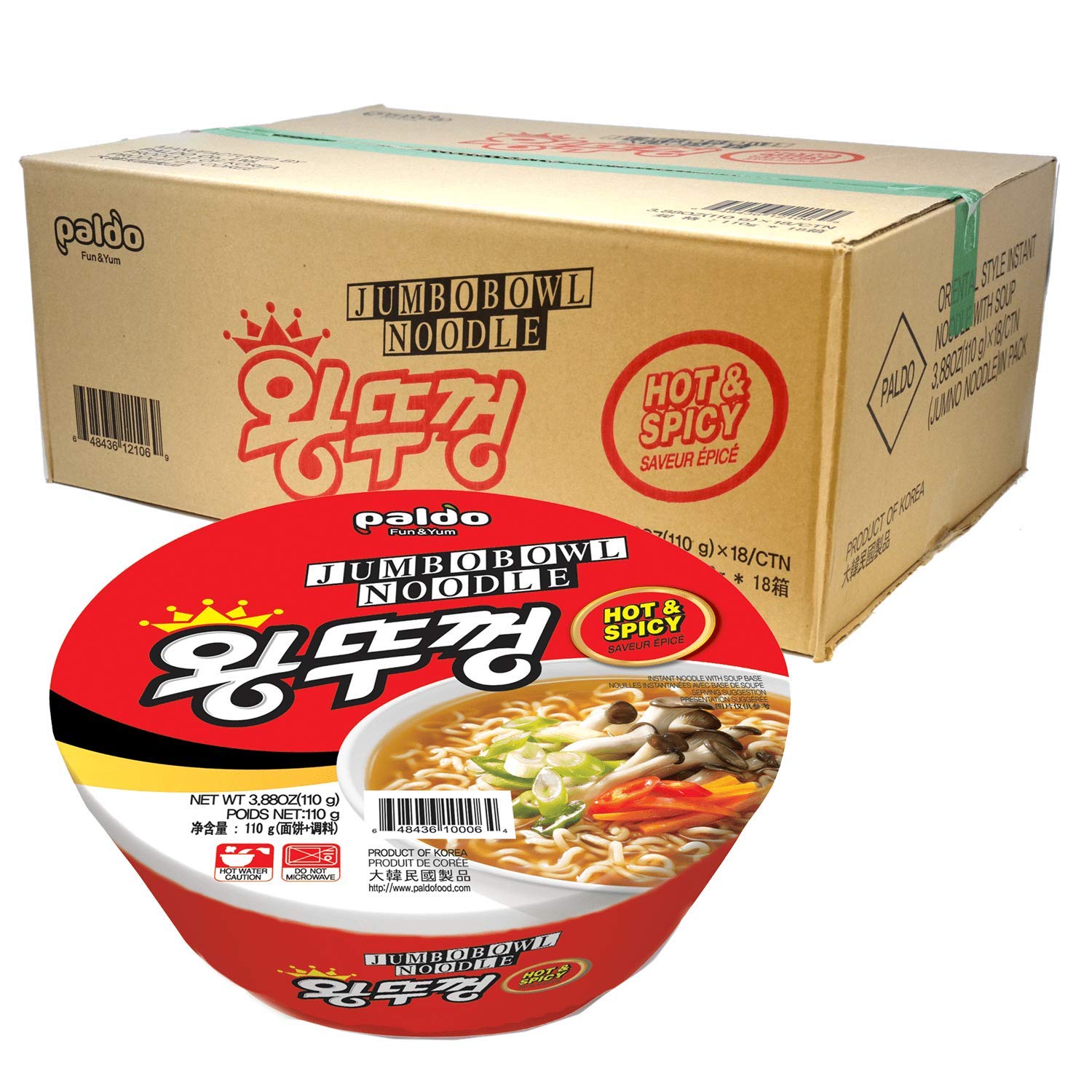 Paldo Fun & Yum Hot & Spicy Jumbo King Lid Instant Noodle Soup Bowl, Pack of 18, Best Oriental Style Korean Ramyun, Most Loved Korean Noodles, 팔도 왕뚜껑 컵라면 110g (3.88 oz) x 18