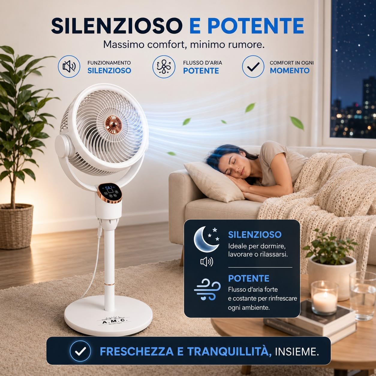 TANIASHOP Ventilatore a Piantana intelligente con Comando Vocale Controllo Touch e Telecomando 6 Velocità 50W Oscillazione Destra Sinistra e Su Giù con Timer Ventola Silenziosa Altezza 112cm